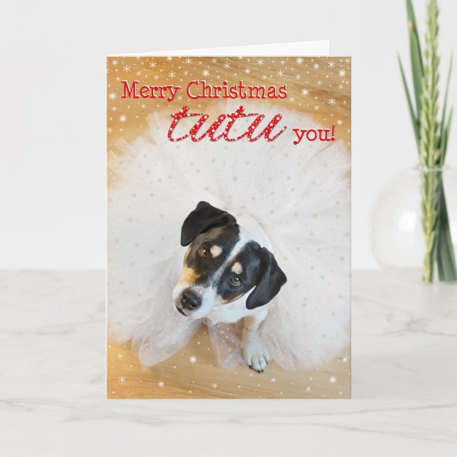 Carte de Noël humoristique - Chien portant un Tutu (Devant)