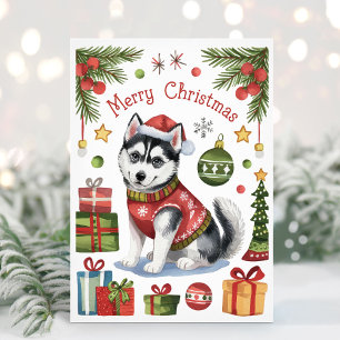 Carte de Noël Husky Sibérien Aquarelle