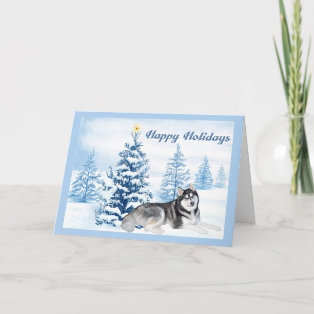 Carte de Noël Husky Sibérien Arbre Bleu (Devant)