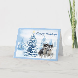 Carte de Noël Husky Sibérien Arbre Bleu