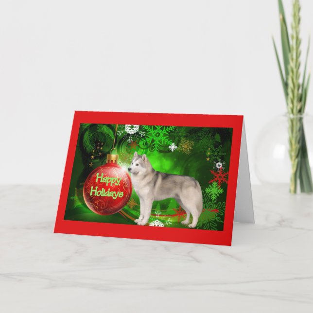 Carte de Noël Husky Sibérien Red Ball Green (Devant)