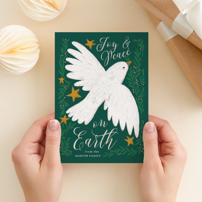 Carte de Noël illustrée Peace Dove (illustrated white peace dove and berry branches green Christmas card "joy & peace on earth")