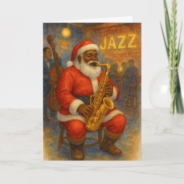 Carte de Noël Jazz Saxophone Père Noël Noir (Devant)