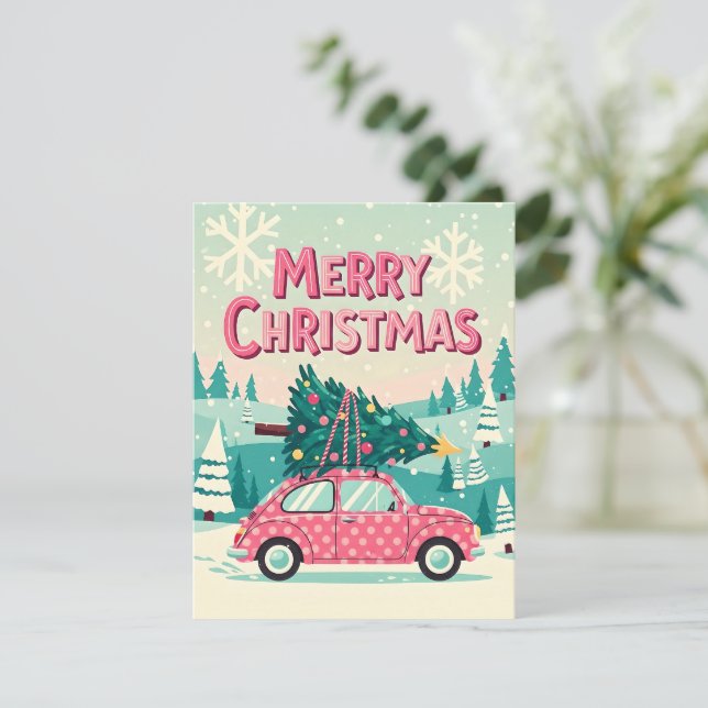 Carte de Noël joyeuse avec voiture vintage (Debout devant)