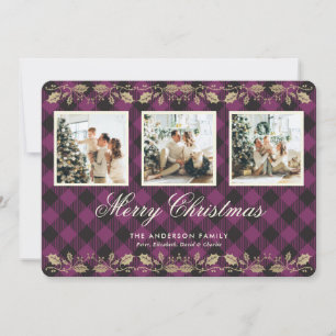 Carte de Noël Joyeuse Photo Botanique Plaid Violet