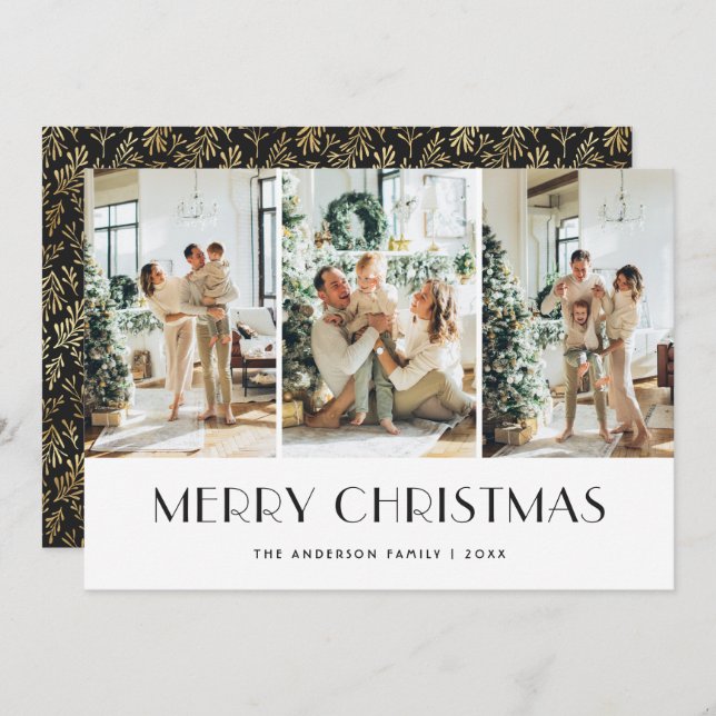 Carte de Noël Joyeuse photo noire de verdure dorée (Devant / Derrière)