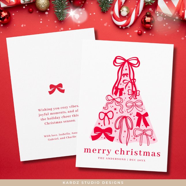 Carte de Noël Joyeuse Pink Red Bow (Front and back of card shown in 5 x 7 inches. Choose corner style, paper and/or digital download)