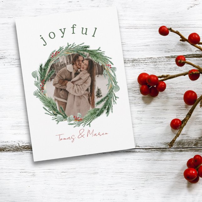 Carte de Noël Joyeuse Rustic Wreath (Joyful Rustic Wreath Photo Christmas Card)