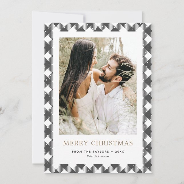 Carte de Noël joyeux avec photo plaid noir or et n (Devant)