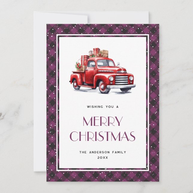 Carte de Noël Joyeux Camion Rouge Rouge Plaid viol (Devant)