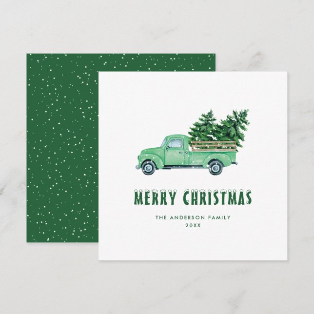 Carte de Noël Joyeux Camion vert Aquarelle (Devant / Derrière)