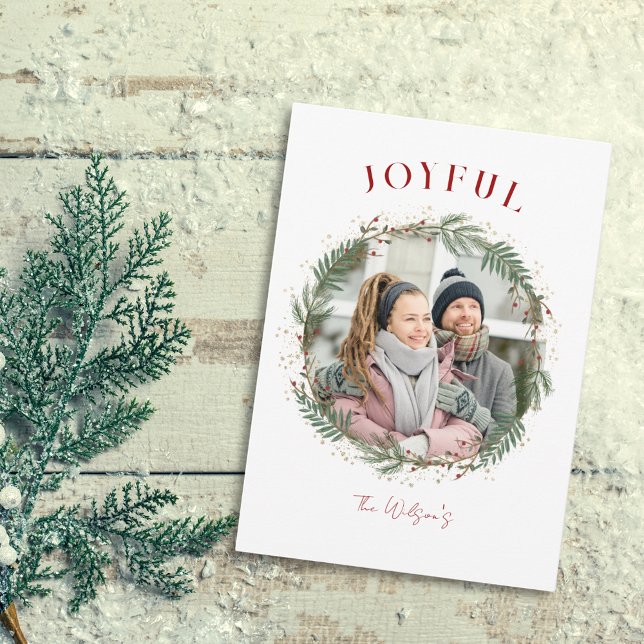 Carte de Noël Joyeux et élégante couronne (Joyful Elegant Wreath Photo Christmas Card)