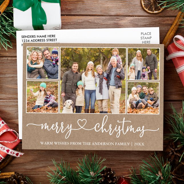 Carte de Noël Kraft Cœur Calligraphie 5 Photo Fête (Customize to change your personalized text size or text style.)