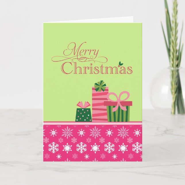 Carte de Noël lunatique verte rose de présents (Devant)