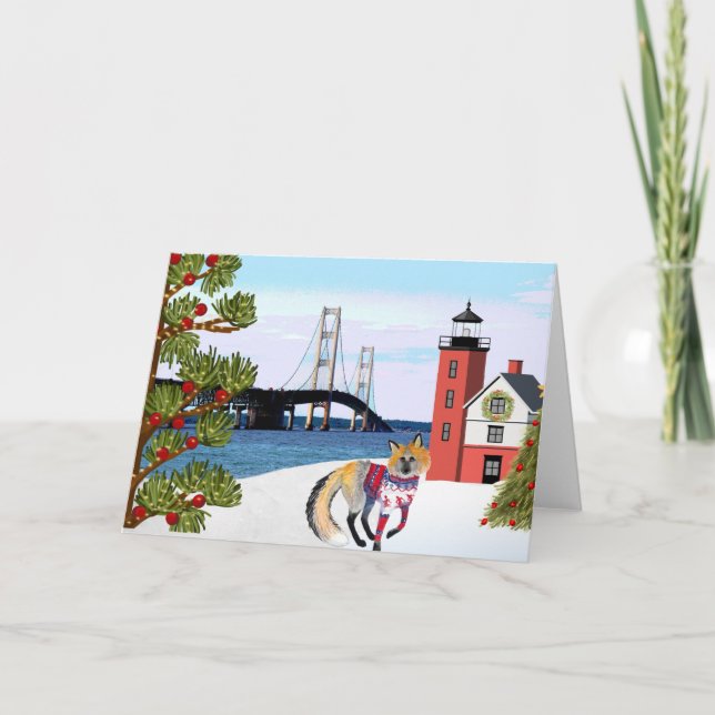 Carte de Noël Mackinac Bridge avec Fox (Devant)