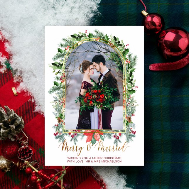 Carte de Noël Mariée et Joyeuse (Married and Merry Newlywed Photo Christmas Card)