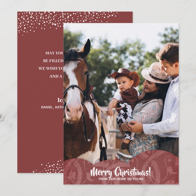 Carte de Noël Maroon Linen Filigree Photo (Devant / Derrière)