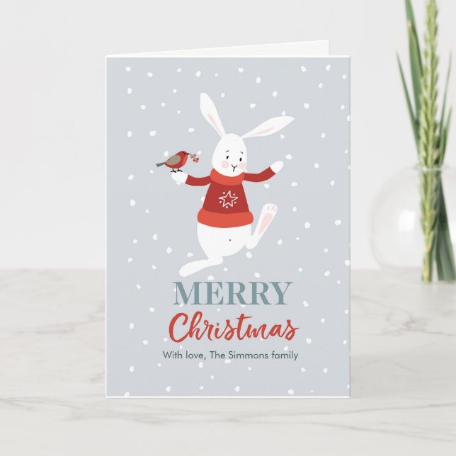 Carte de Noël mignonne d'amis de lapin et d'oiseau (Devant)