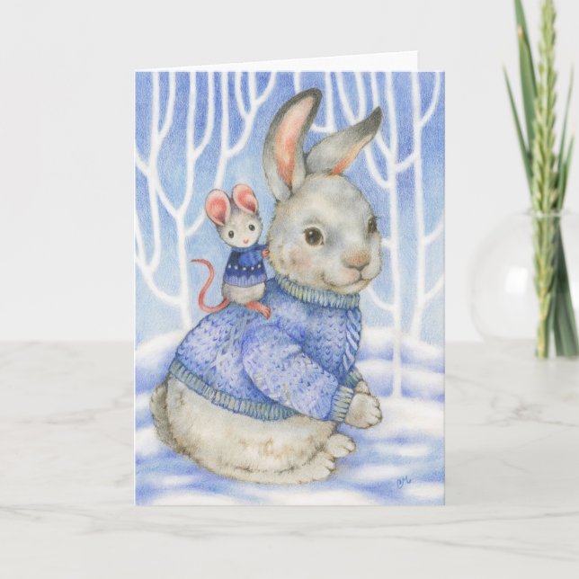 Carte de Noël mignonne de lapin et de souris (Devant)