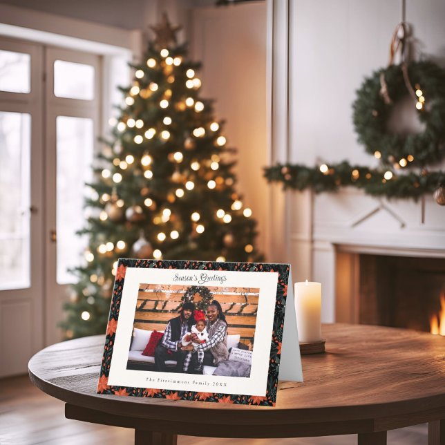 Carte de Noël moderne Black & Red Poinsettia (Poinsettia Season Folded Photo Christmas Card black)