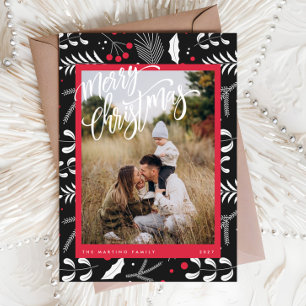 Carte de Noël moderne Red Black Folk Floral Photo