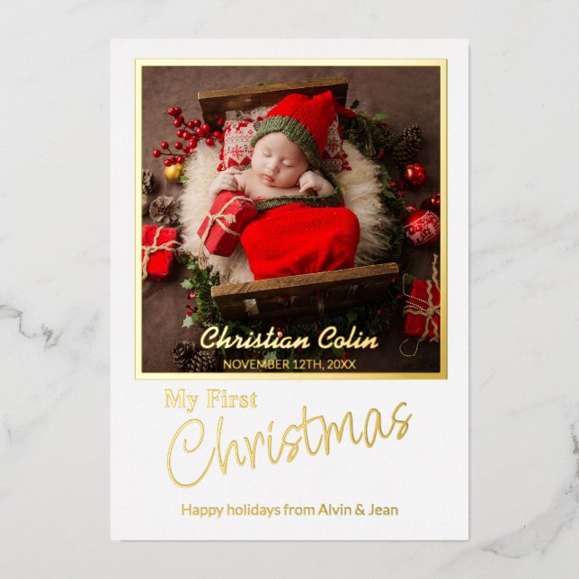 Carte de Noël 'Mon Premier Noël Bébé' avec Feuille (Recto)