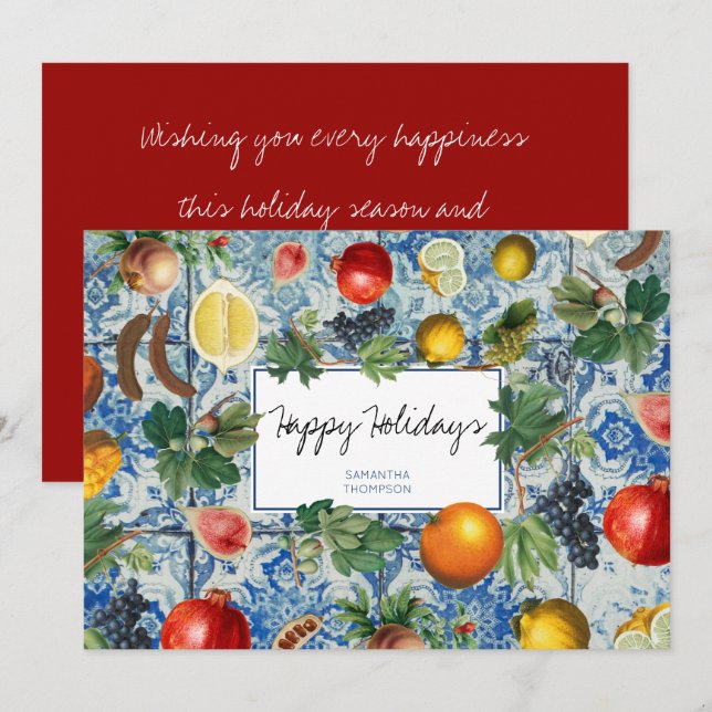 Carte de Noël Mosaïque Bleue Fruit Méditerranée (Devant / Derrière)