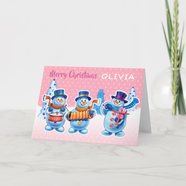 Carte de Noël nom personnalisé snowmen musiciens (Devant)