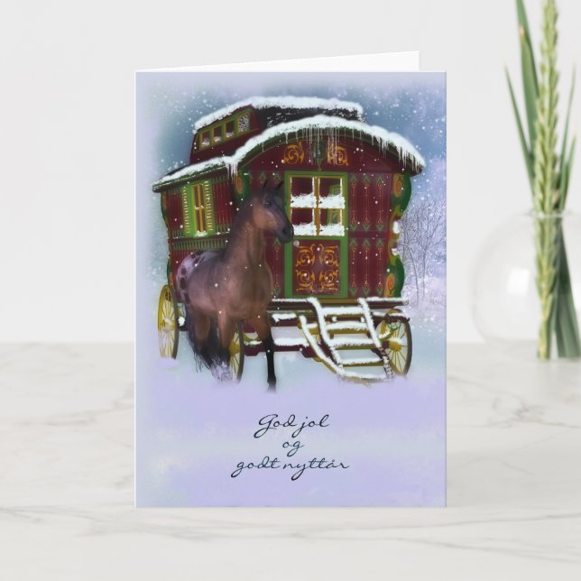 Carte De Noël Norvégienne - Cheval Et Vieille Cara (Devant)