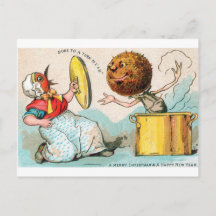 Carte de Noël où le pudding attaque la dame aux oi