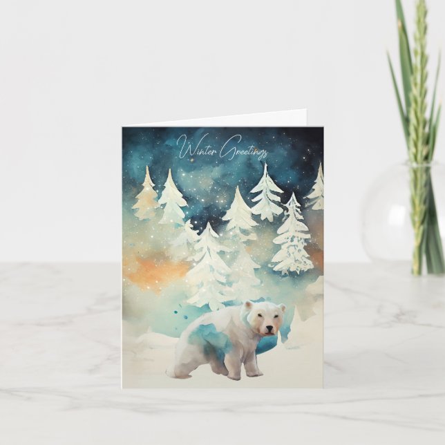 Carte de Noël Ours Polaire et Arbres enneigés (Devant)