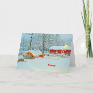 Carte de Noël Paix avec une scène de ferme neigeus