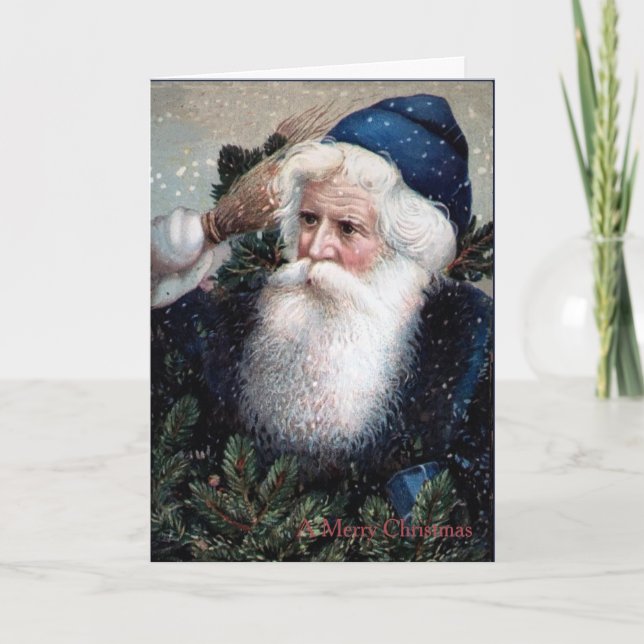 Carte de Noël Père Noël à carreaux bleus (Devant)