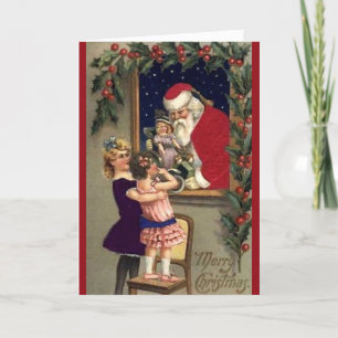 Carte de Noël père Noël Doll and Girls Vintage