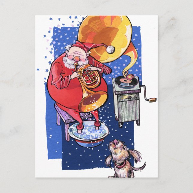 Carte de Noël. Père Noël joue de la musique. (Devant)