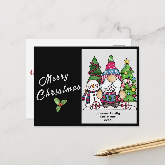 Carte de Noël personnalisable, Gnome Snowman perso (Devant/Arrière en situation)