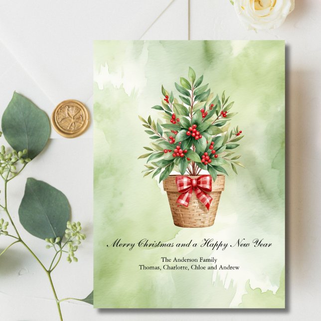 Carte de Noël personnalisée Arbre Berries rouges (Christmas Holiday Personalized Card with Laurel and Red Berries in a Wicker Basket Digital Download)