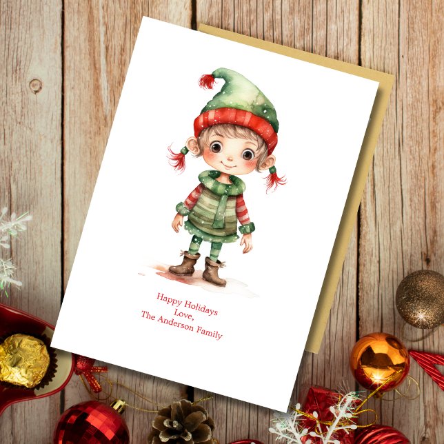 Carte de Noël personnalisée avec lutin de Noël (Elf Christmas Holiday card Cute Adorable Whimsical Personalize it. Printed or Instant Download)