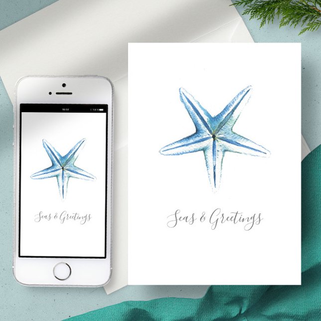 Carte de Noël personnalisée Étoile de mer à l'aqua (Digital Christmas Cards Beach Starfish sea star blue
)