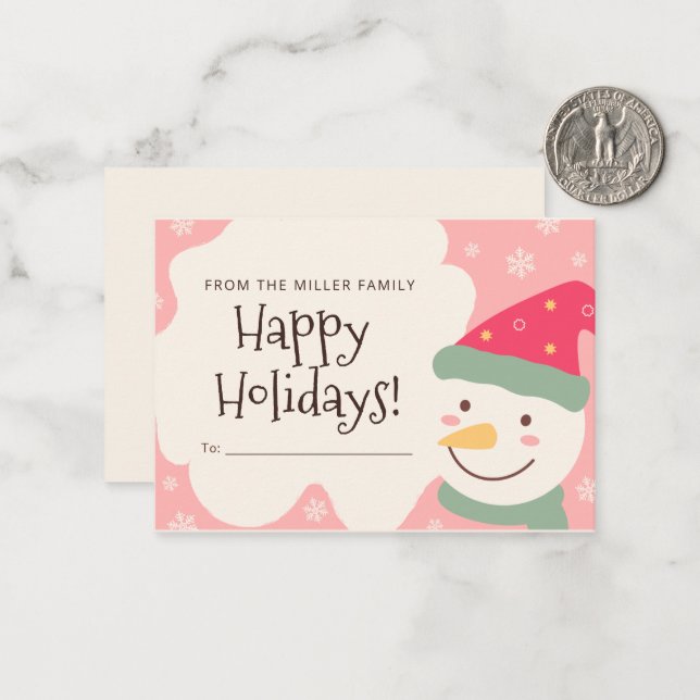 Carte de Noël personnalisée Pink Snow Man (Devant/Arrière en situation)