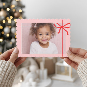 Carte de Noël photo à coquille rose avec nœud roug