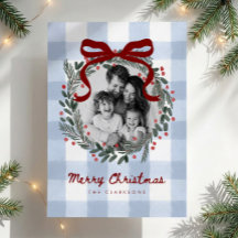 Carte de Noël photo à couronne de gingham