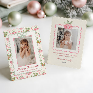 Carte de Noël photo à nœud papillon rose/vert Coqu