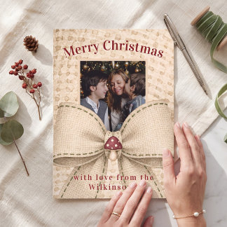 Carte de Noël photo avec nœud en toile de jute rus