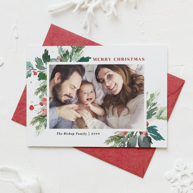 Carte de Noël photo botanique de houx à l'aquarell (Créateur téléchargé)