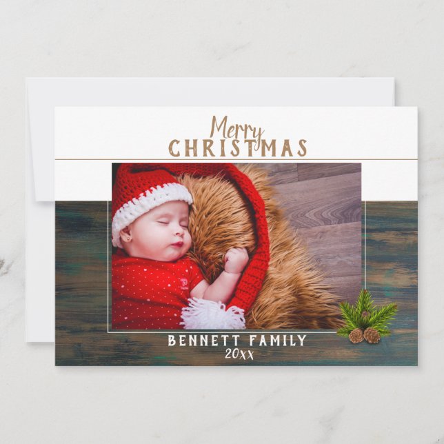 Carte de Noël photo de pin de Noël en bois rustiqu (Devant)