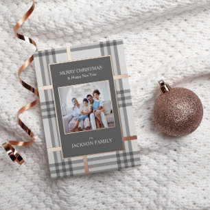 Carte de Noël photo de vacances à carreaux en feui