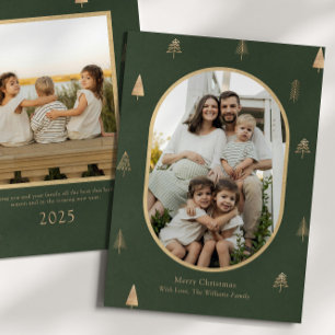 Carte de Noël photo élégante verte avec arbres dor