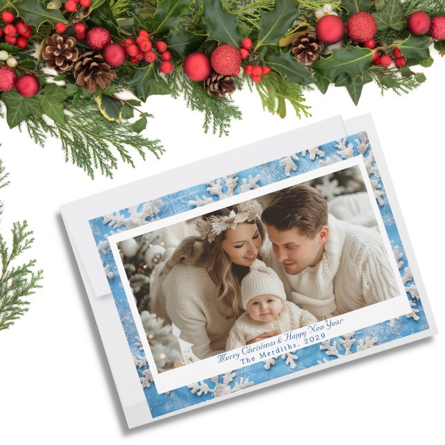 Carte de Noël Photo Flocon de Neige Bleu (Elegant Pale Blue Snowflake Photo Card)