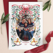 Carte de Noël photo florale à ruban rouge Merry &